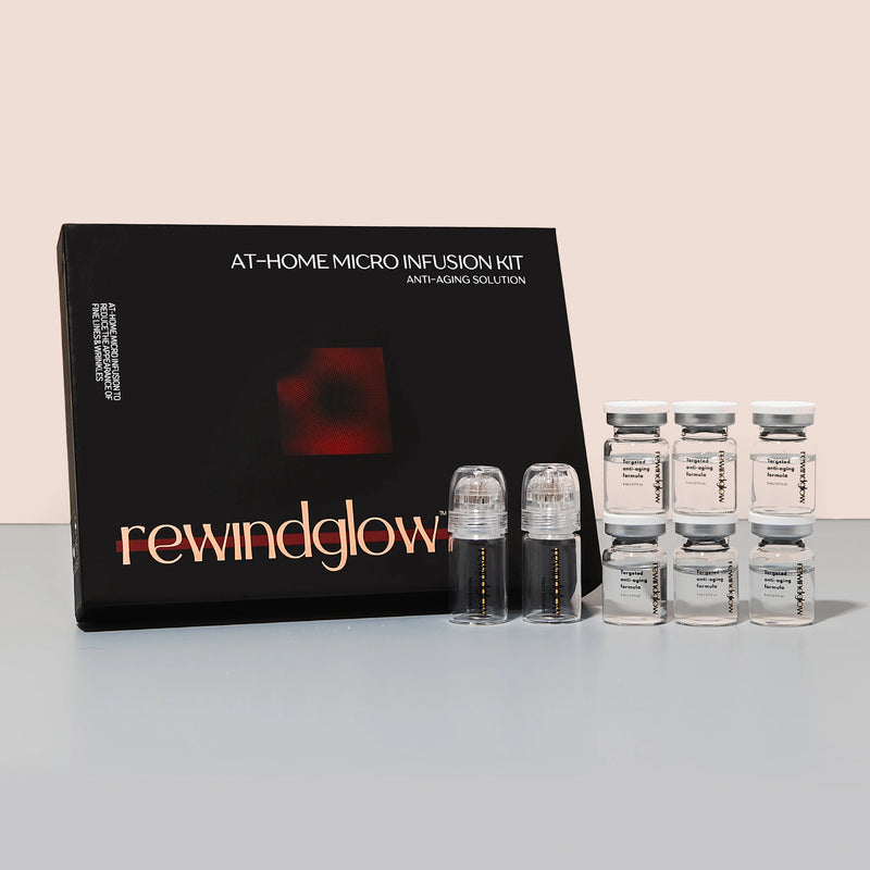Rewindglow at-home micro infusion kit with vials on a light gray background